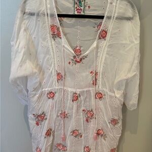 Johnny Was Sheer White Blouse with Pink Floral Embroidery
